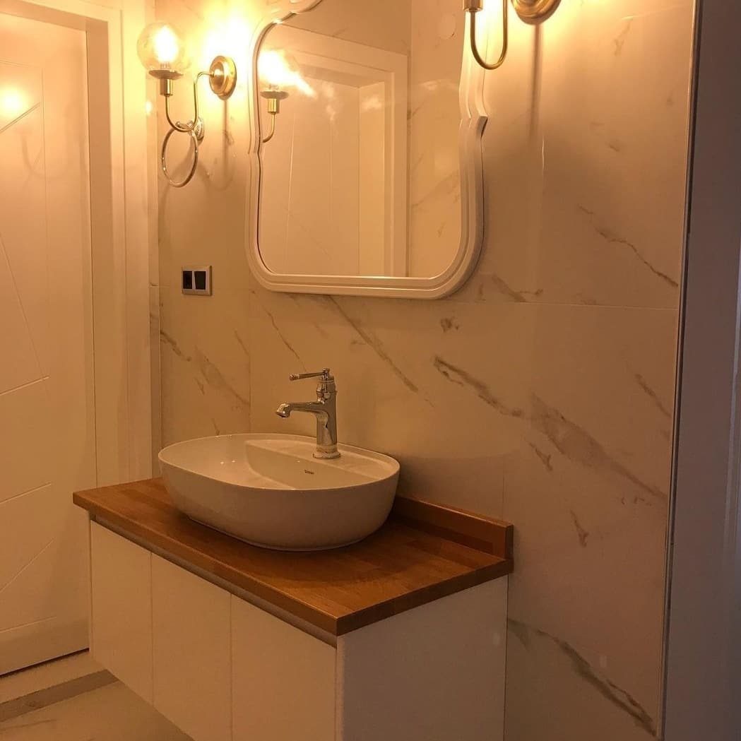 Oval lavabo, ahşap tezgah